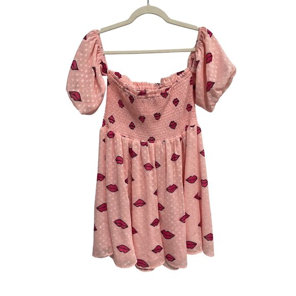 Betsey Johnson Ariana Mini Dress Size Medium Lips Kiss Print Smocked Clip Dot - Picture 3 of 9